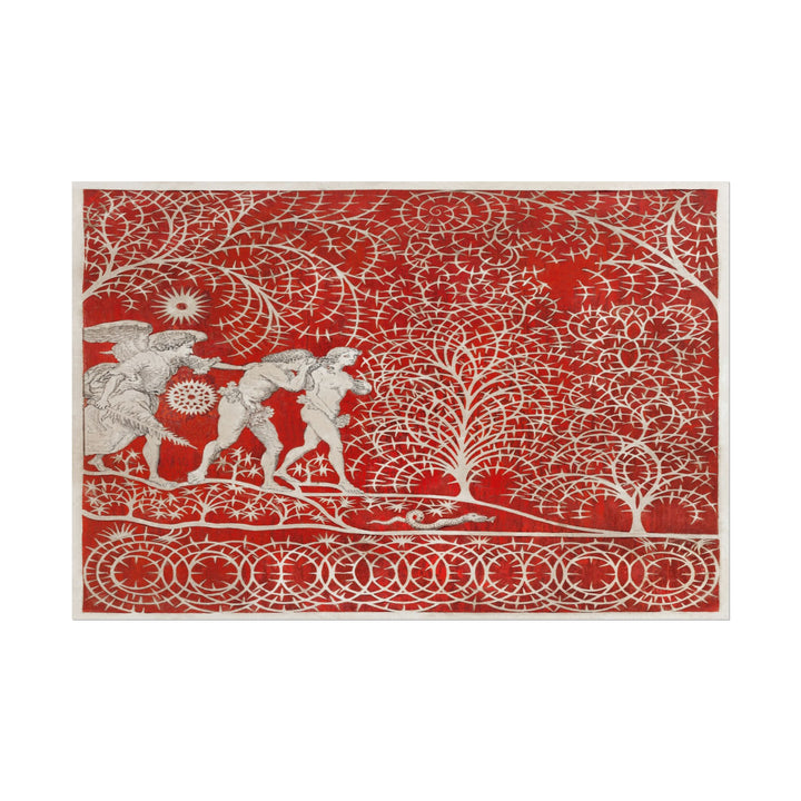 Intricate artwork depicting the Expulsion from Eden in vibrant red.