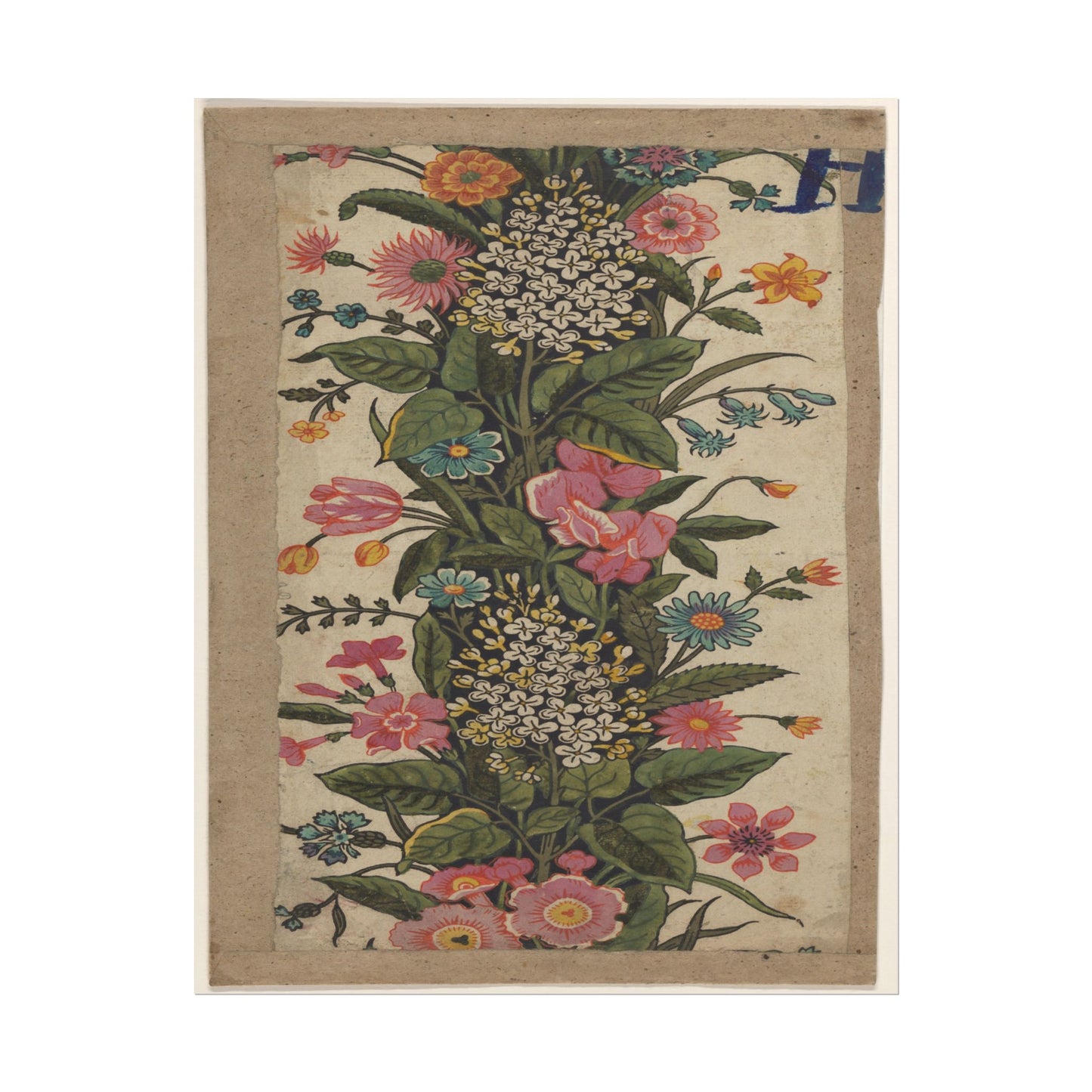 Colorful floral border design featuring intricate blossoms and greenery.