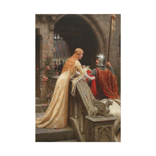 A noblewoman bids farewell to her armored knight in medieval attire.