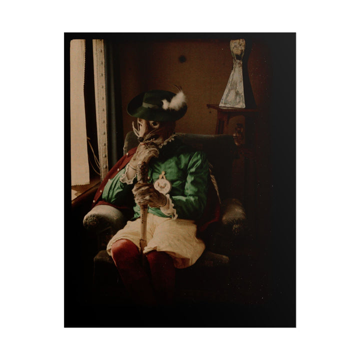 A whimsical figure dressed in a green outfit and fox mask.