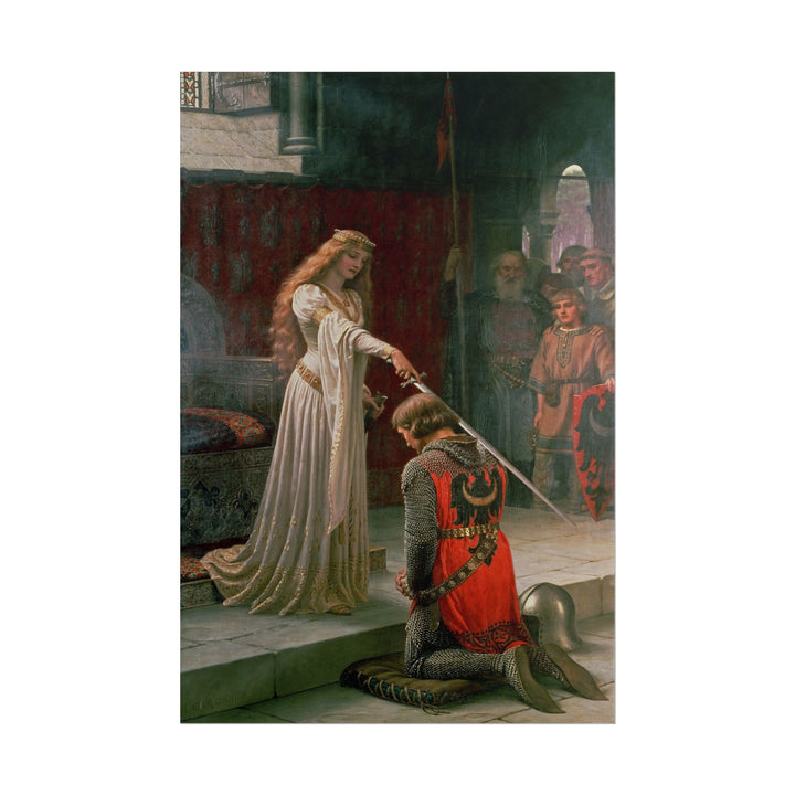 A medieval scene of a knight kneeling to pledge loyalty to a lady.