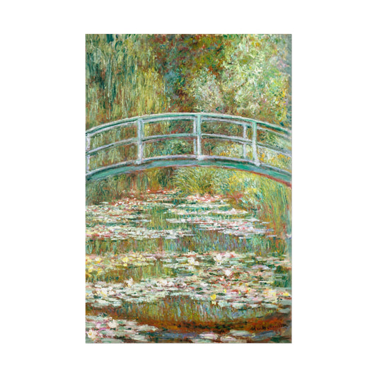 Impressionist painting of a bridge over water lilies by Monet.
