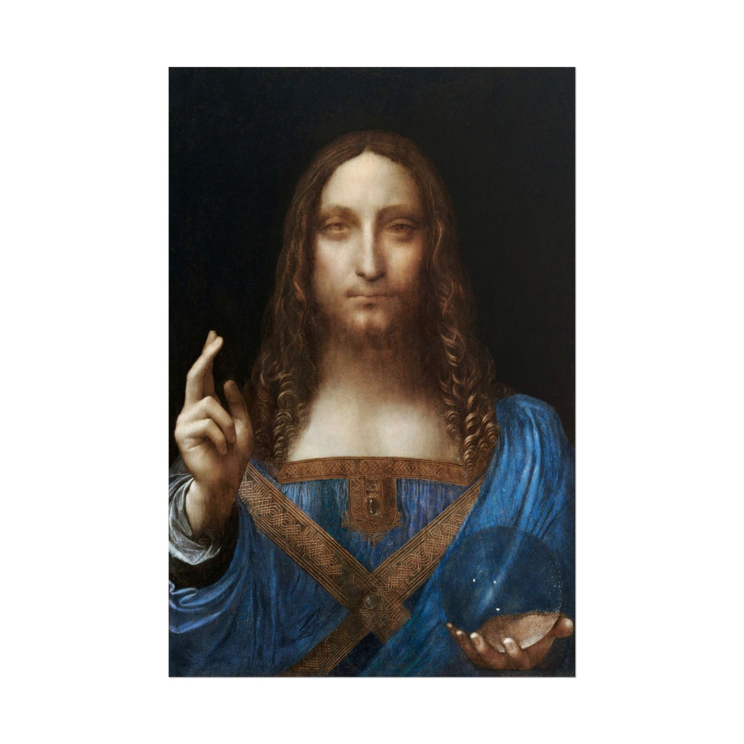 Christ depicted holding a glass orb in blue robes by Leonardo da Vinci.