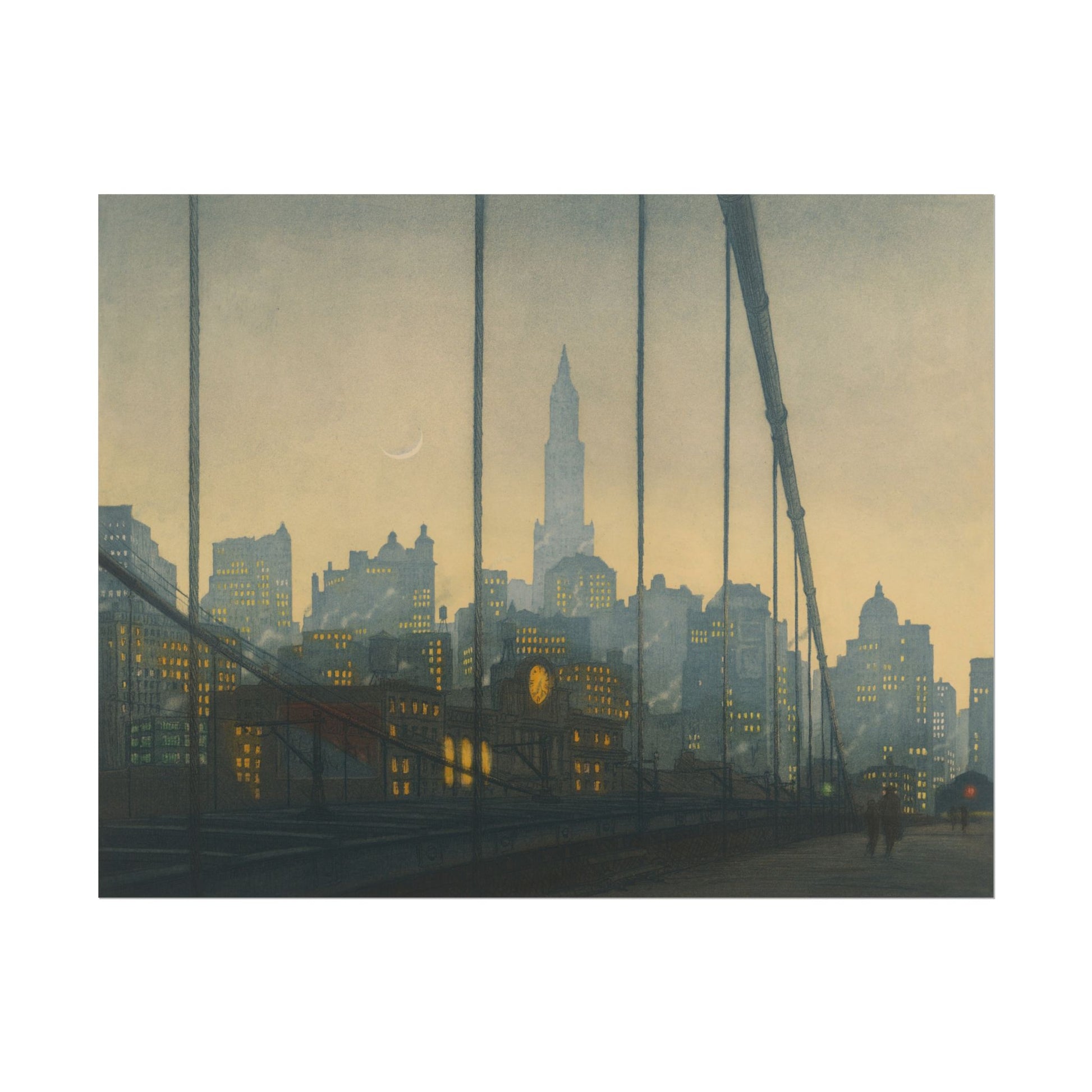 Twilight view of the Brooklyn Bridge with New York skyline in background.