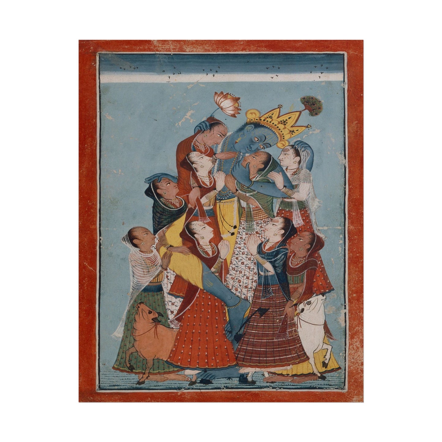 Gopis surrounding Lord Krishna, depicting devotion and longing.
