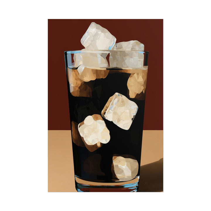 Abstract art print featuring a glass of coffee with ice cubes.