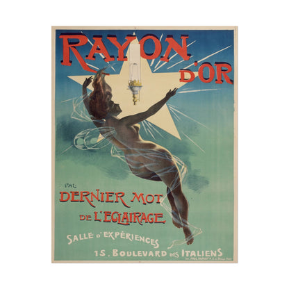 Vintage poster featuring a figure and a radiant lightbulb.