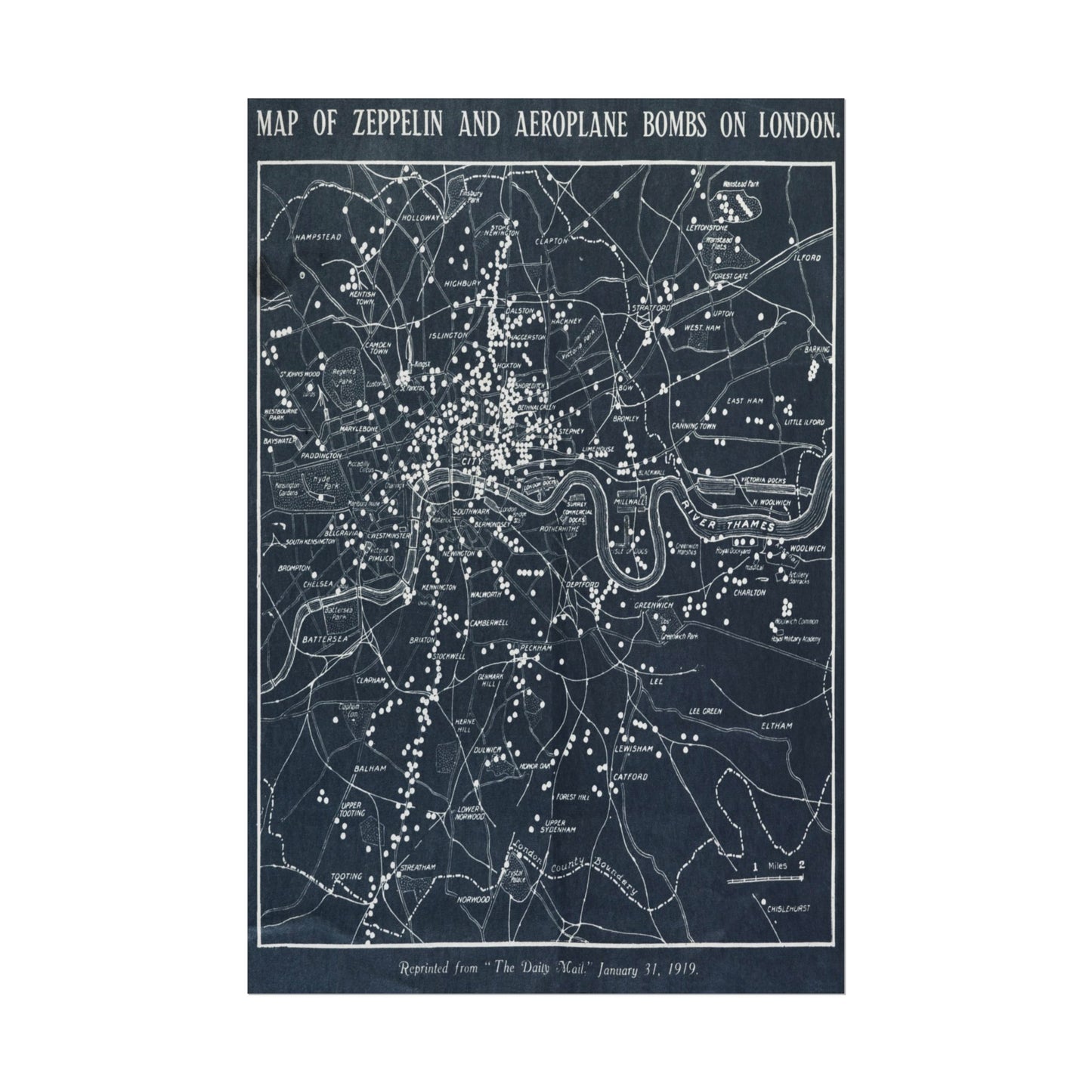 Map depicting Zeppelin and aeroplane bomb locations in London.