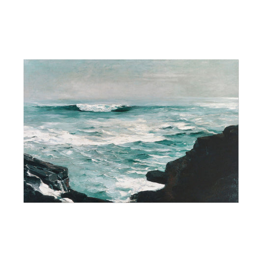 Turbulent ocean waves crashing against rocky cliffs in Cannon Rock.