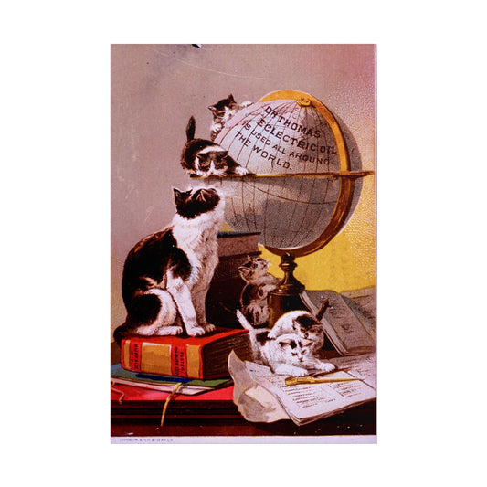 Vintage advertisement print featuring cats and an antique globe.