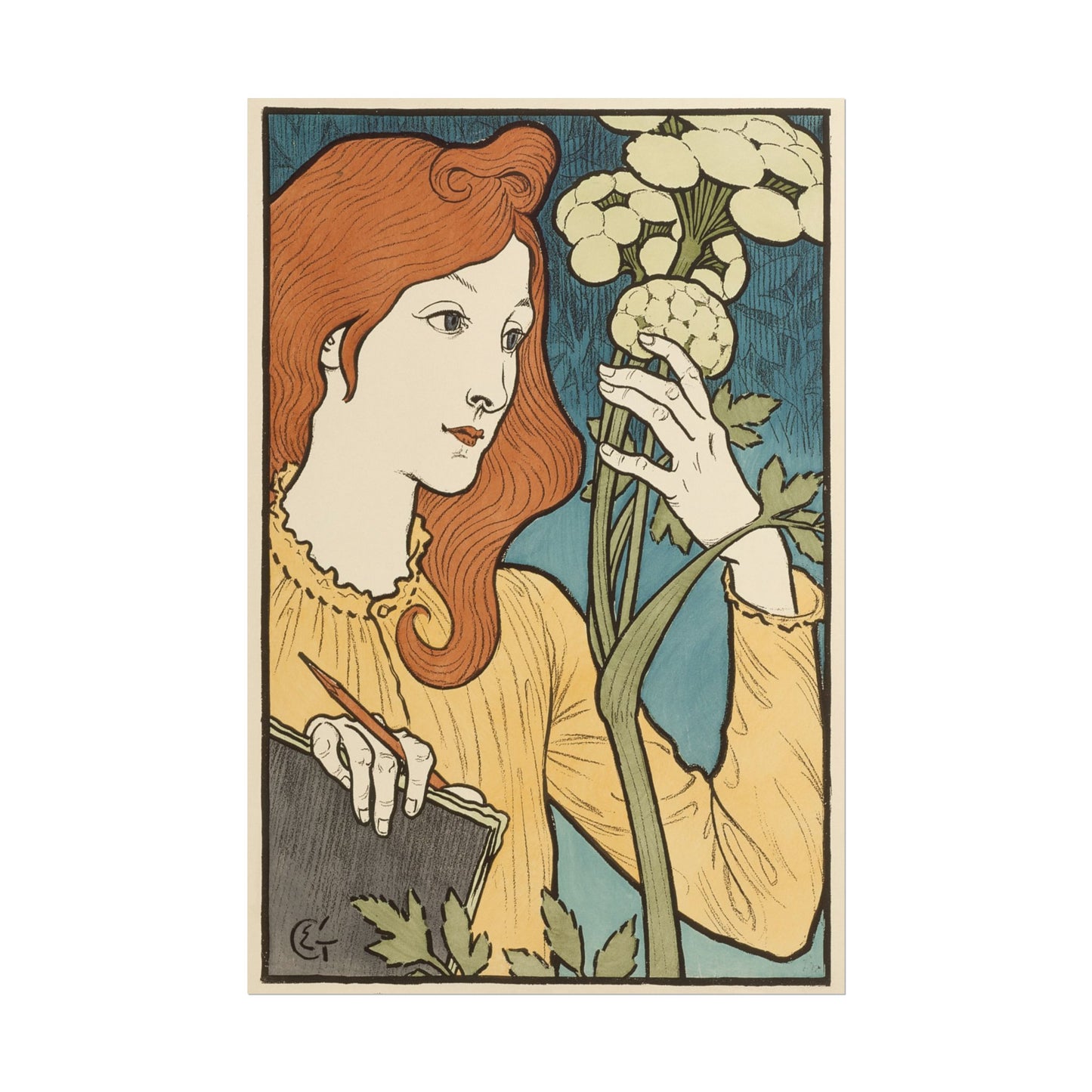 Woman holding flowers and notebook in Art Nouveau style print.