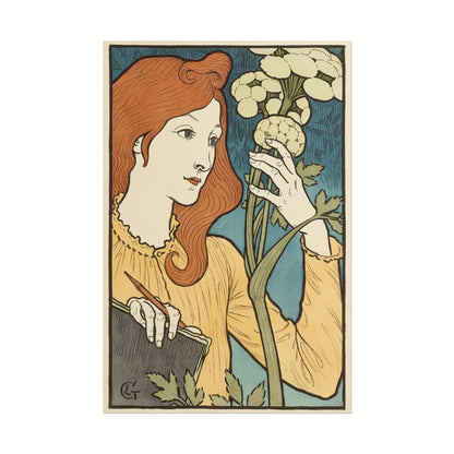 Woman holding flowers and notebook in Art Nouveau style print.