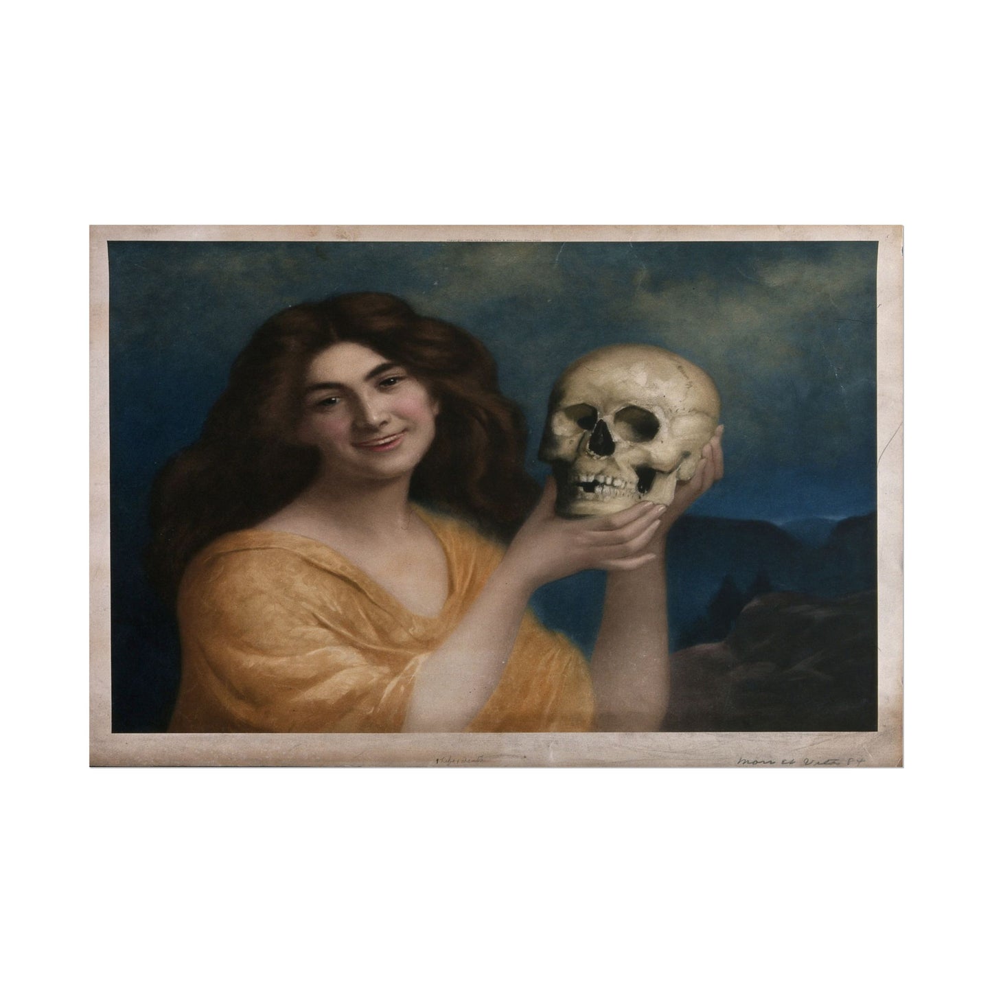 Woman in yellow garment holding a human skull, serene expression.
