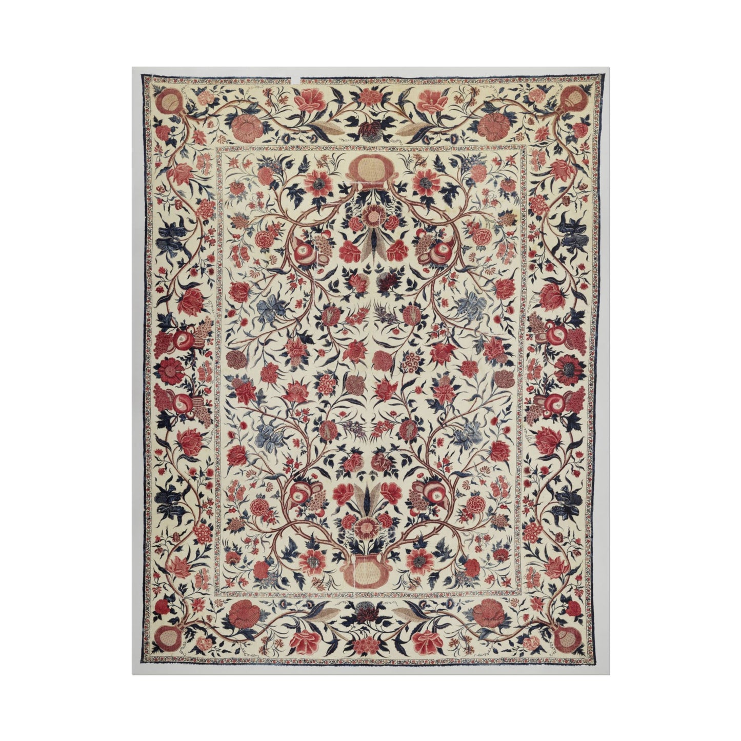 Intricate vintage floral textile design with red and blue flowers.