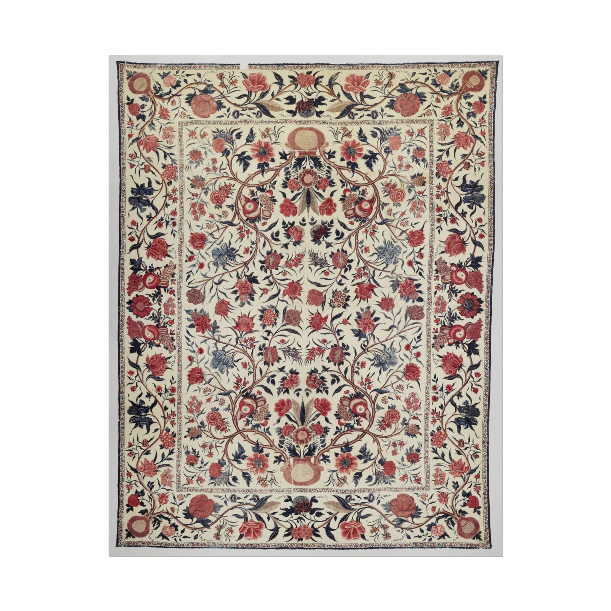 Intricate vintage floral textile design with red and blue flowers.