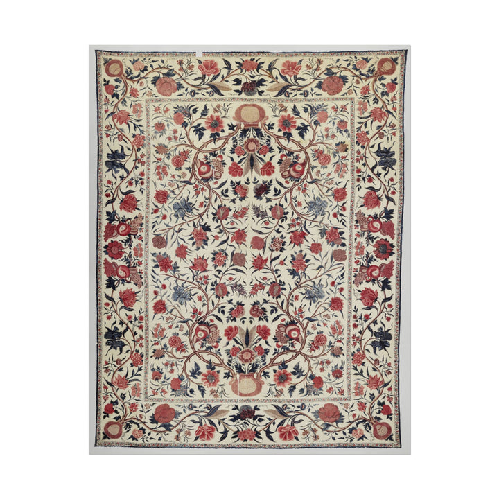 Intricate vintage floral textile design with red and blue flowers.
