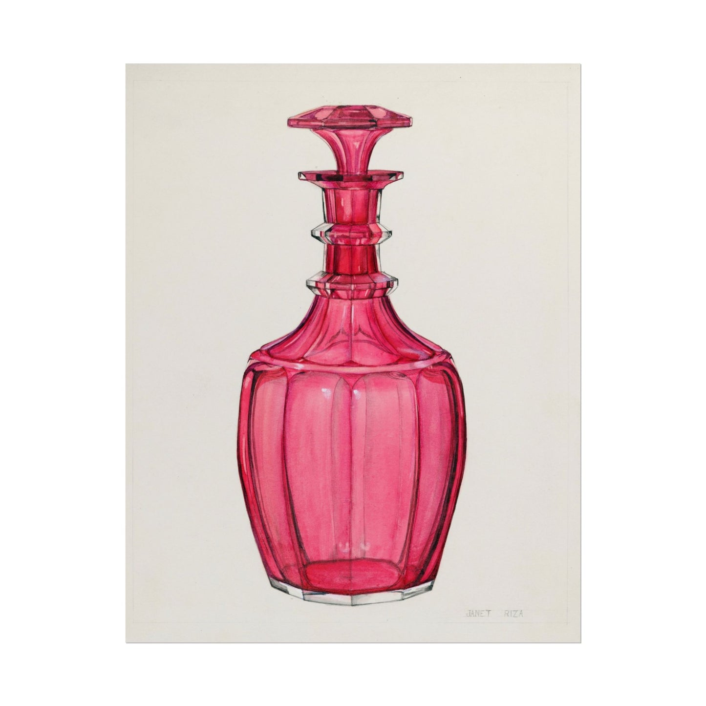 Vibrant pink perfume bottle carafe illustration by Janet Riza.