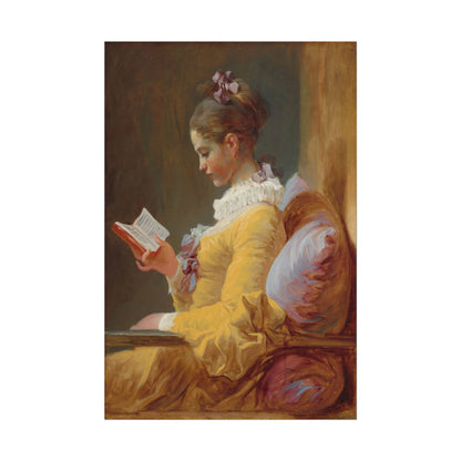 Young girl in yellow dress reading a book with thoughtful expression.