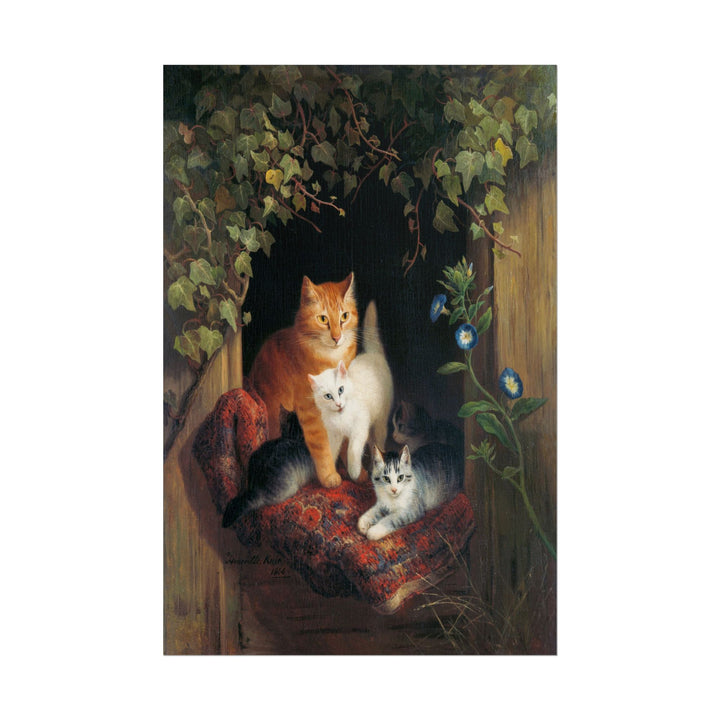 A warm portrayal of a mother cat and her playful kittens.