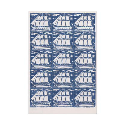 Pattern of sailing ships against a blue background by Legatoria Piazzesi.