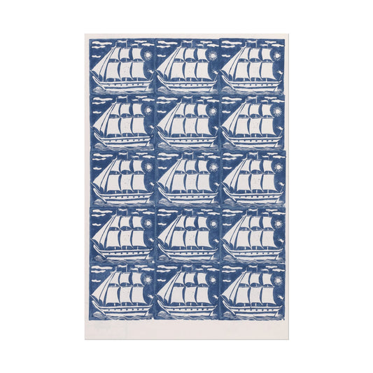 Pattern of sailing ships against a blue background by Legatoria Piazzesi.
