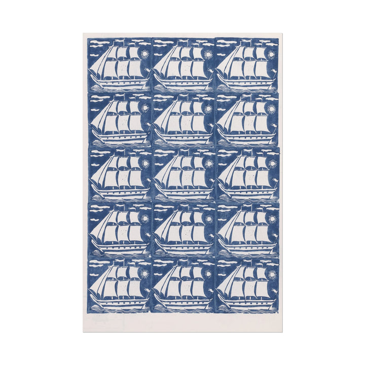 Pattern of sailing ships against a blue background by Legatoria Piazzesi.