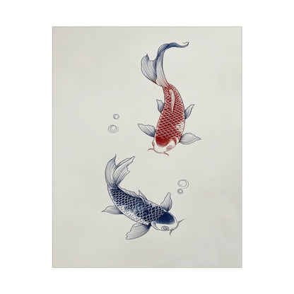 Red and blue koi fish swimming gracefully in serene water.
