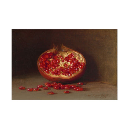 Still life artwork featuring a sliced pomegranate with seeds