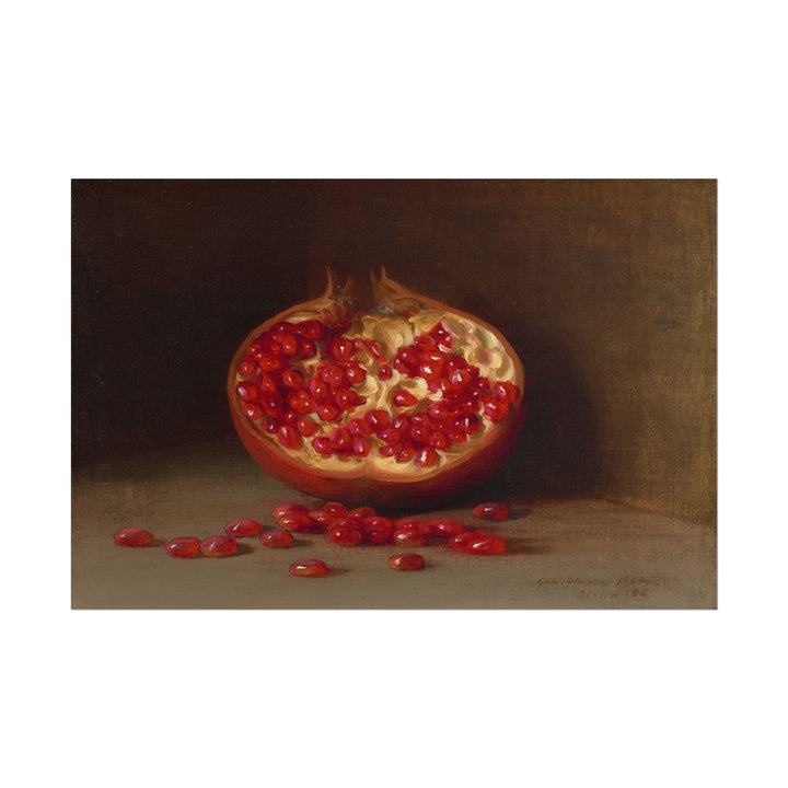 Still life artwork featuring a sliced pomegranate with seeds