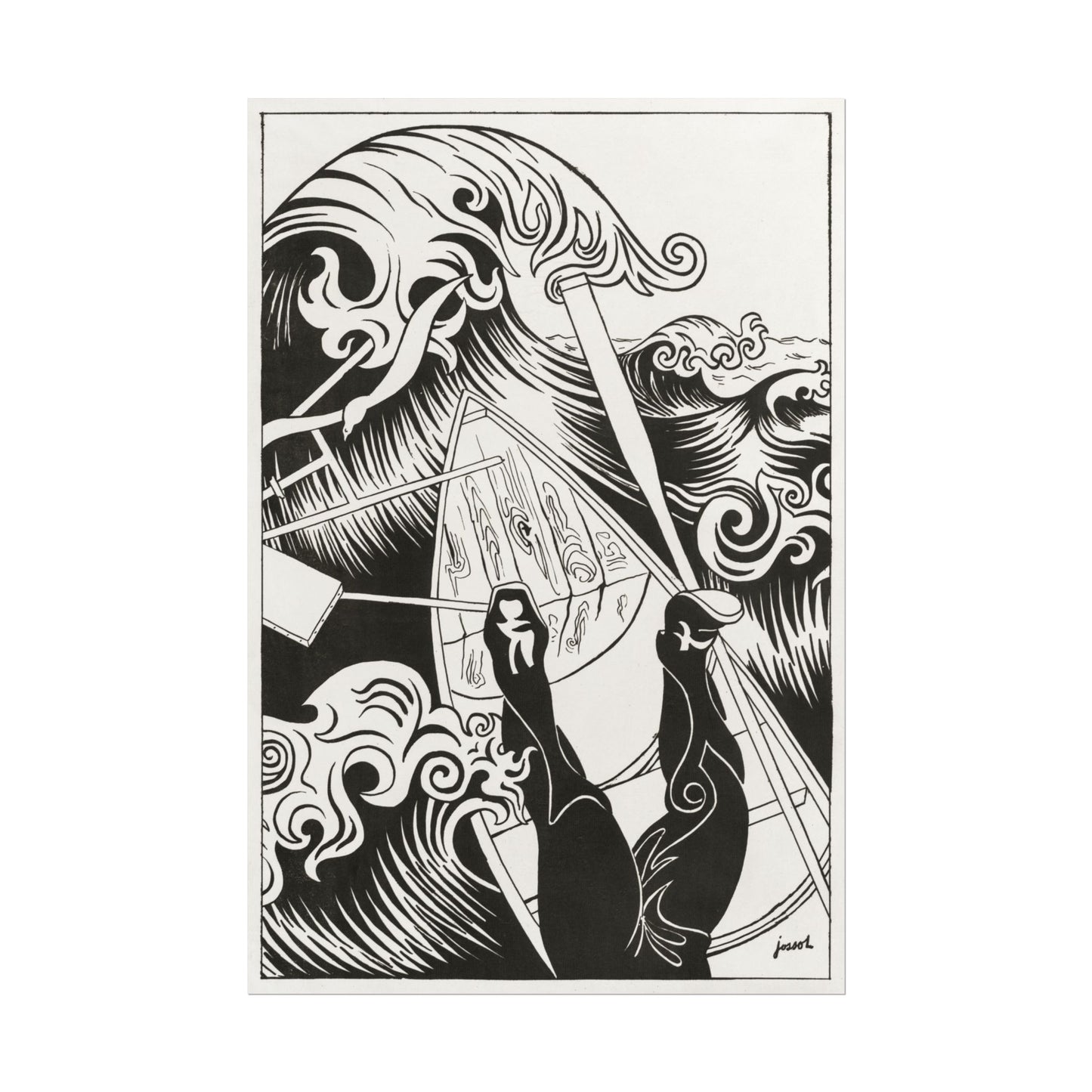 Black and white artwork of turbulent ocean waves and figures.