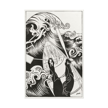 Black and white artwork of turbulent ocean waves and figures.