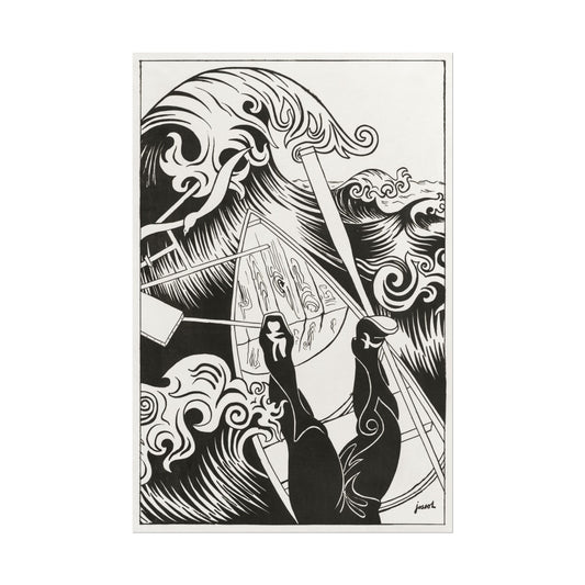 Black and white artwork of turbulent ocean waves and figures.