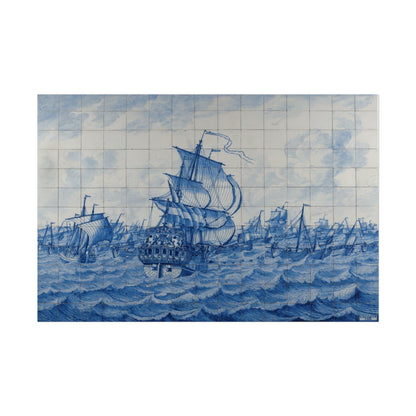 Intricate blue and white tile panel depicting historical warships.