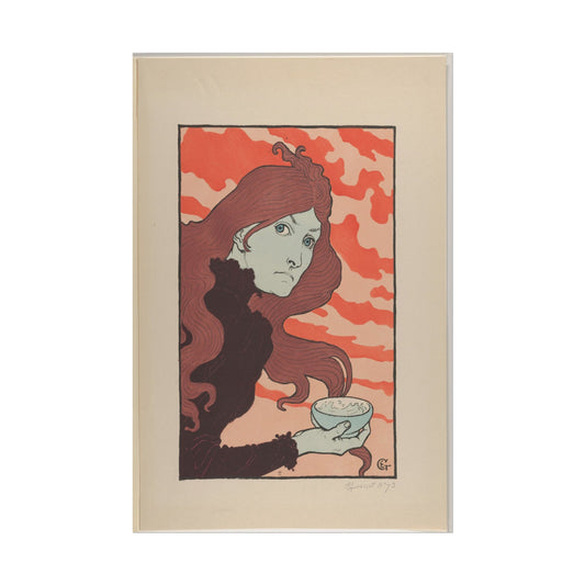 Ethereal female figure with red background holding a bowl.