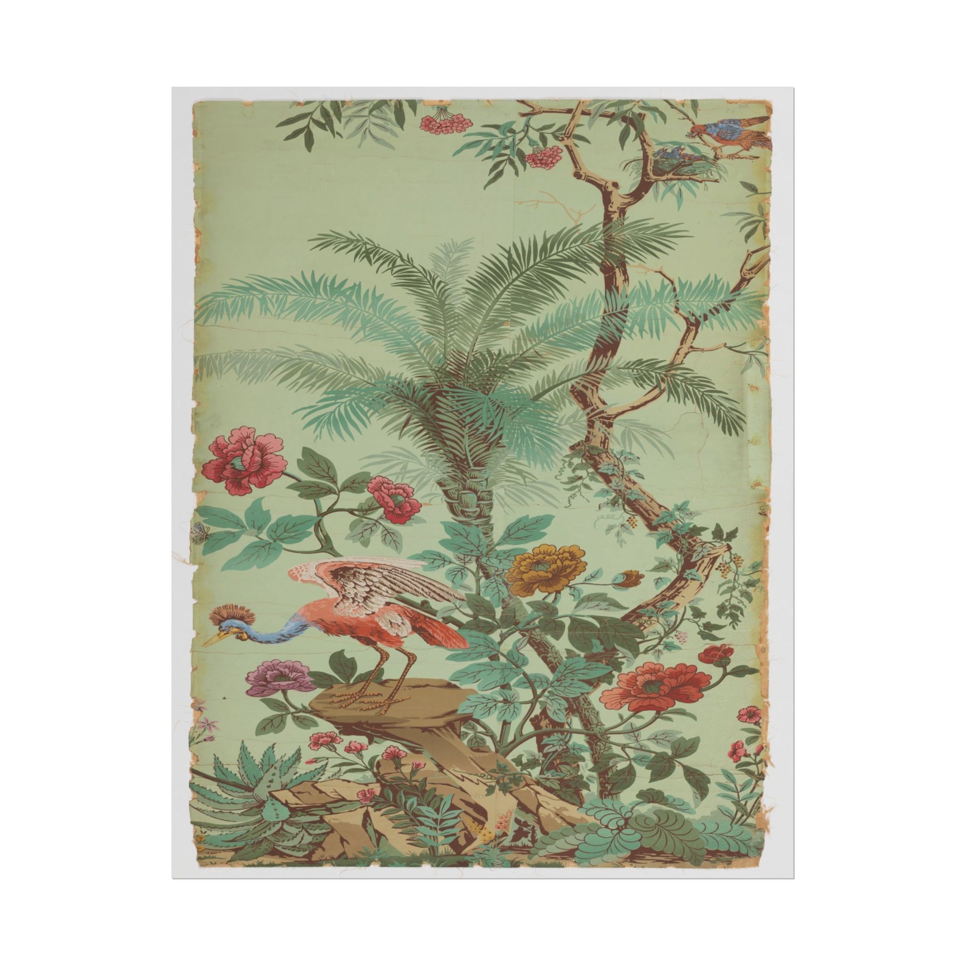 Colorful tropical birds amid lush botanical elements and flowers.