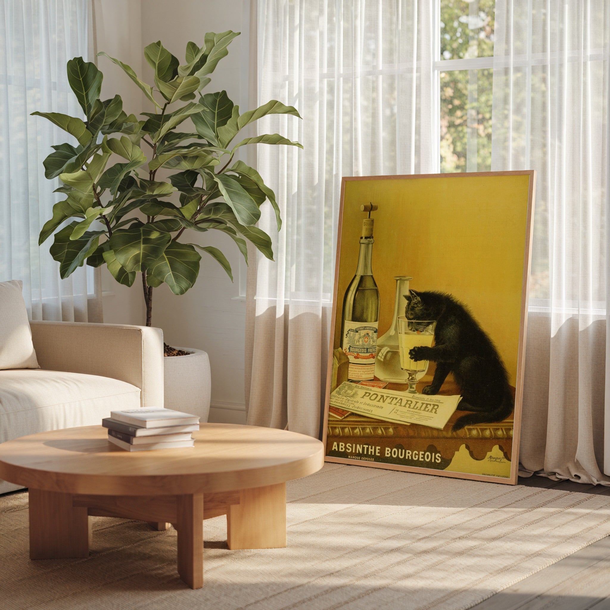 Absinthe Bourgeois cat advertisement by Mourgue Freres framed on a wall