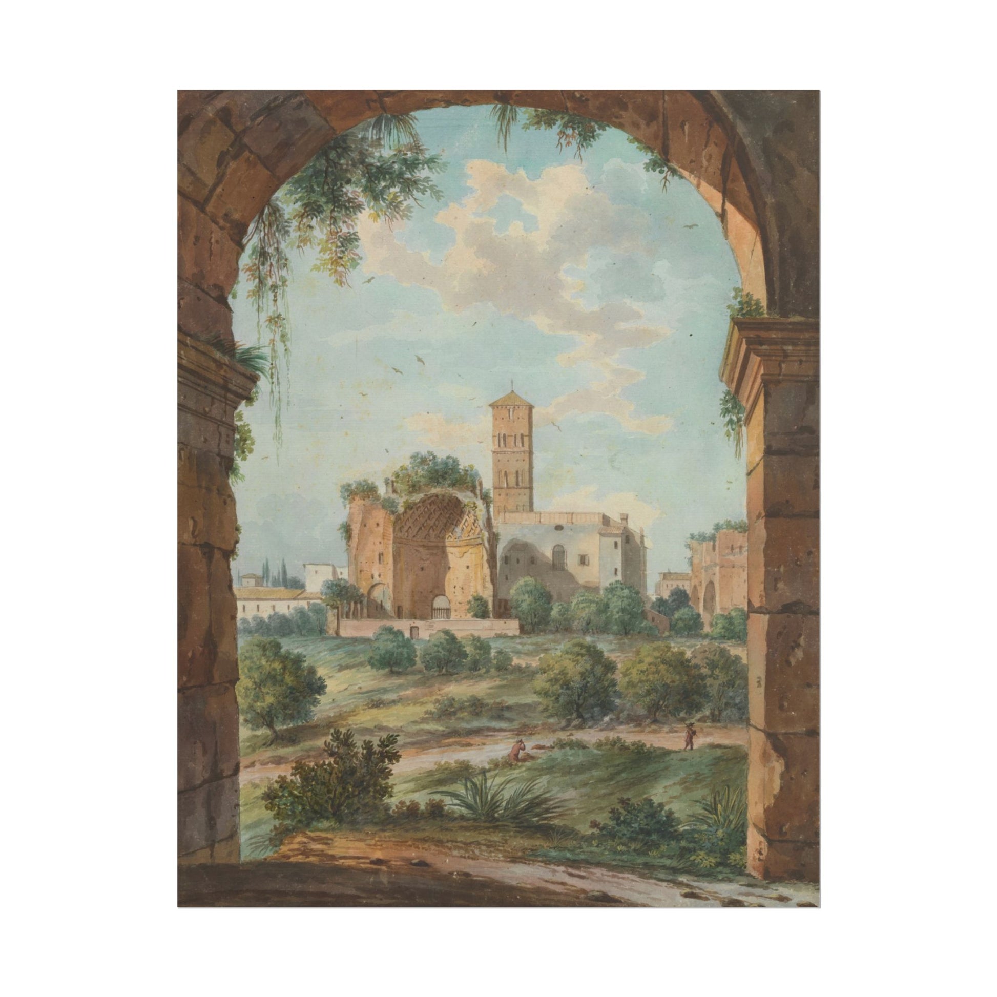 Serene landscape depicting ancient Roman ruins amidst greenery.