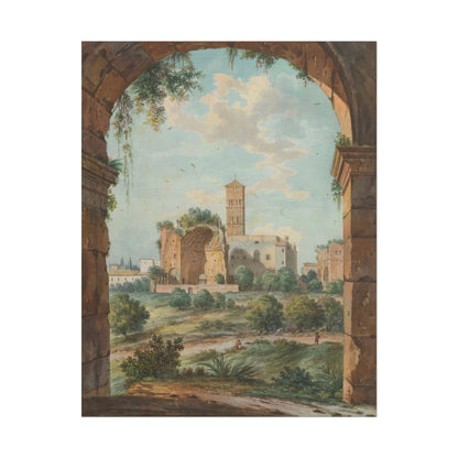 Serene landscape depicting ancient Roman ruins amidst greenery.