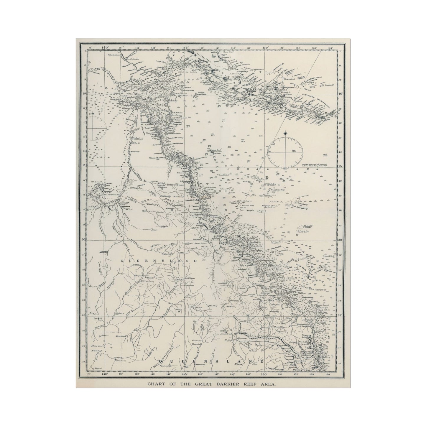 Nautical chart depicting the Great Barrier Reef area in detail.