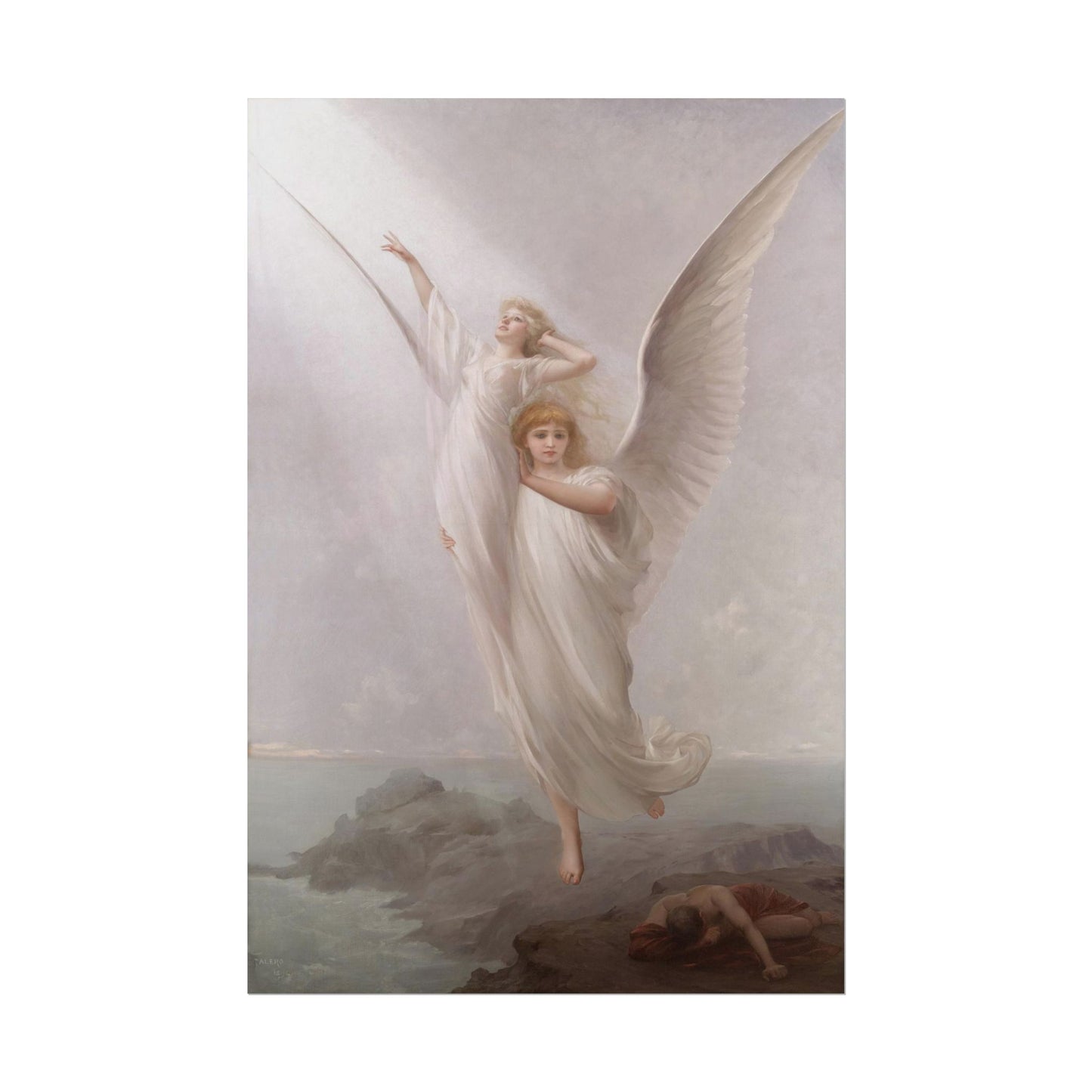 Two angels ascending with a fallen figure below in soft tones.