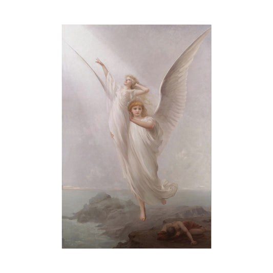 Two angels ascending with a fallen figure below in soft tones.