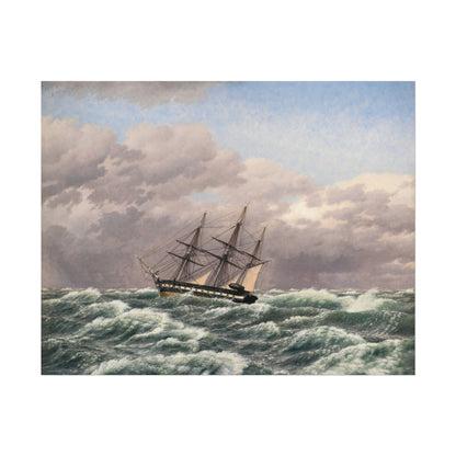 Vintage maritime ship battling turbulent ocean waves
