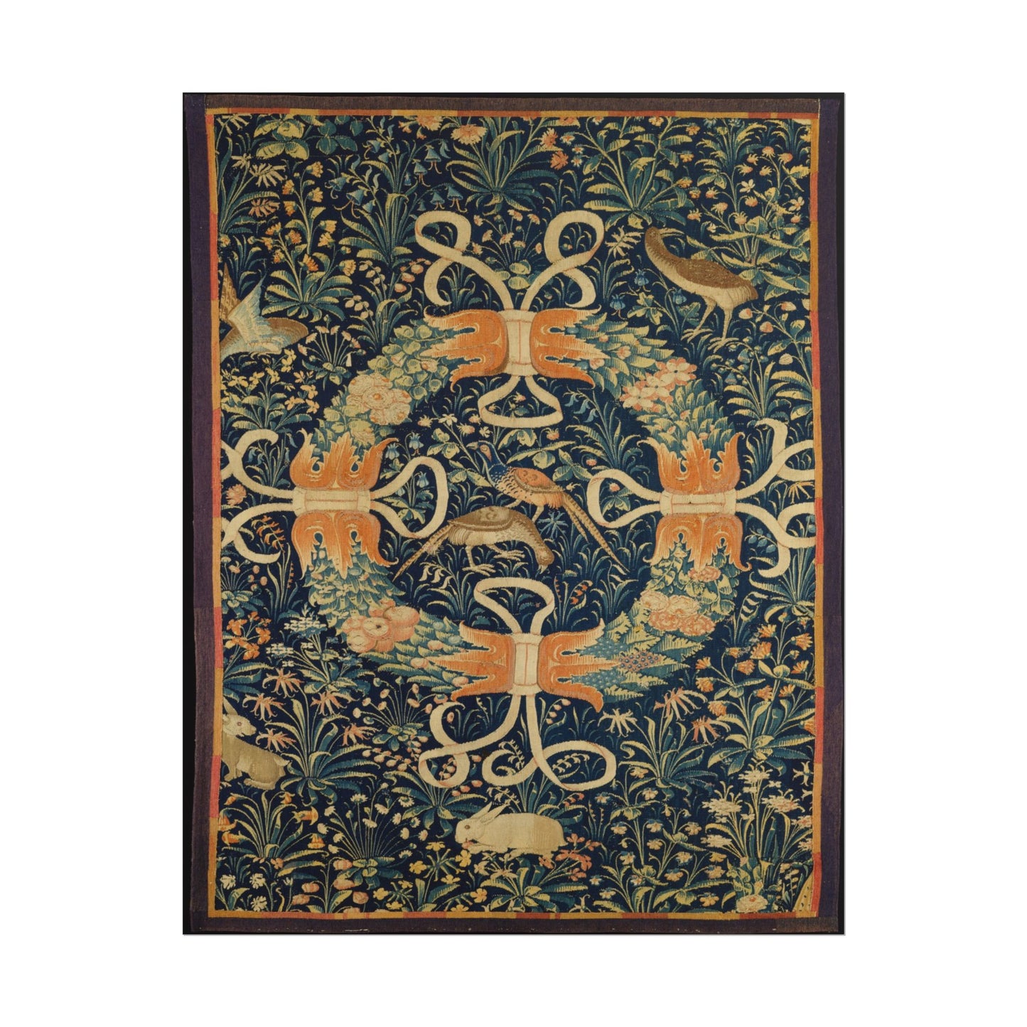 Floral wreath design featuring flowers, birds, and rabbits on blue background.