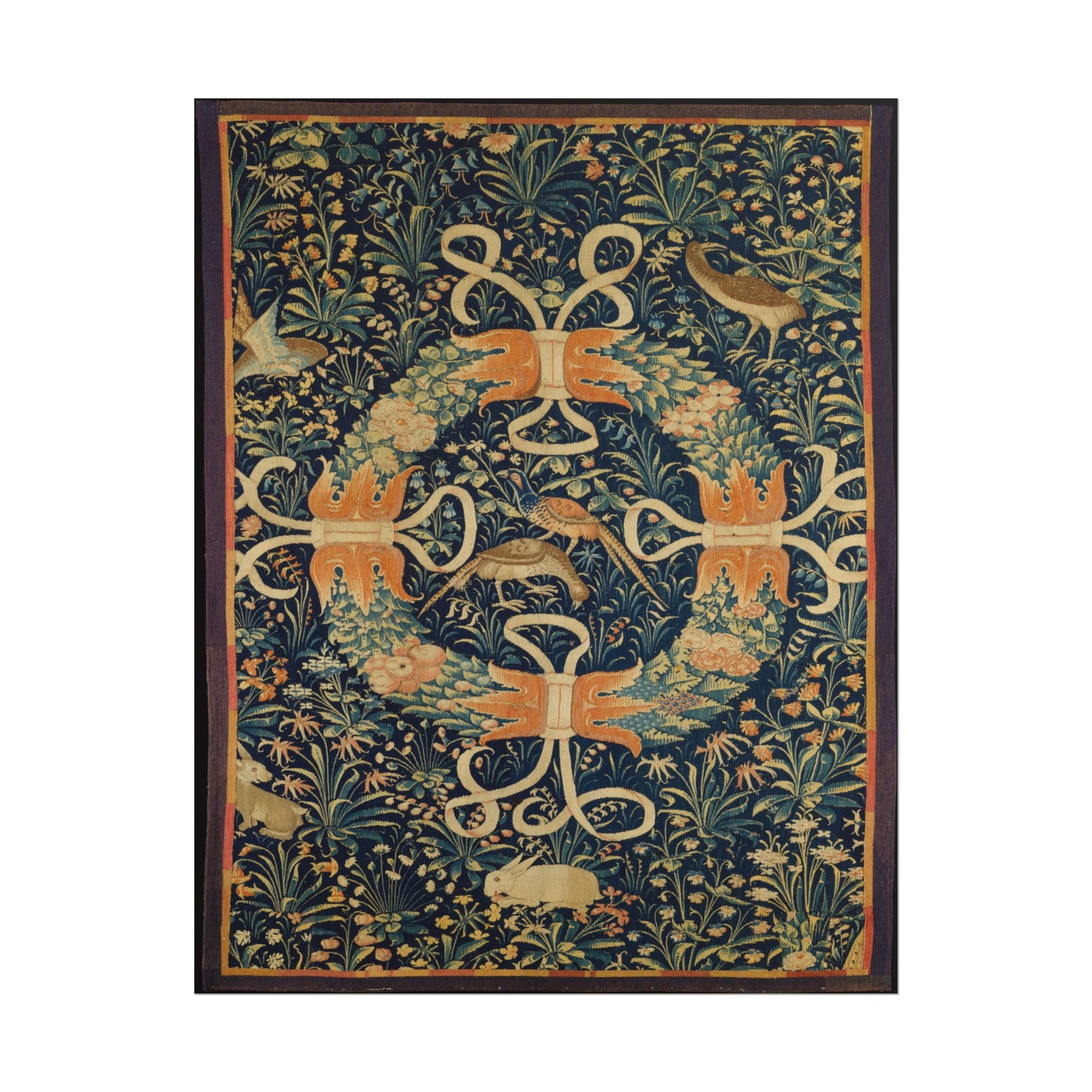 Floral wreath design featuring flowers, birds, and rabbits on blue background.