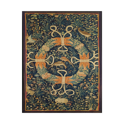 Floral wreath design featuring flowers, birds, and rabbits on blue background.