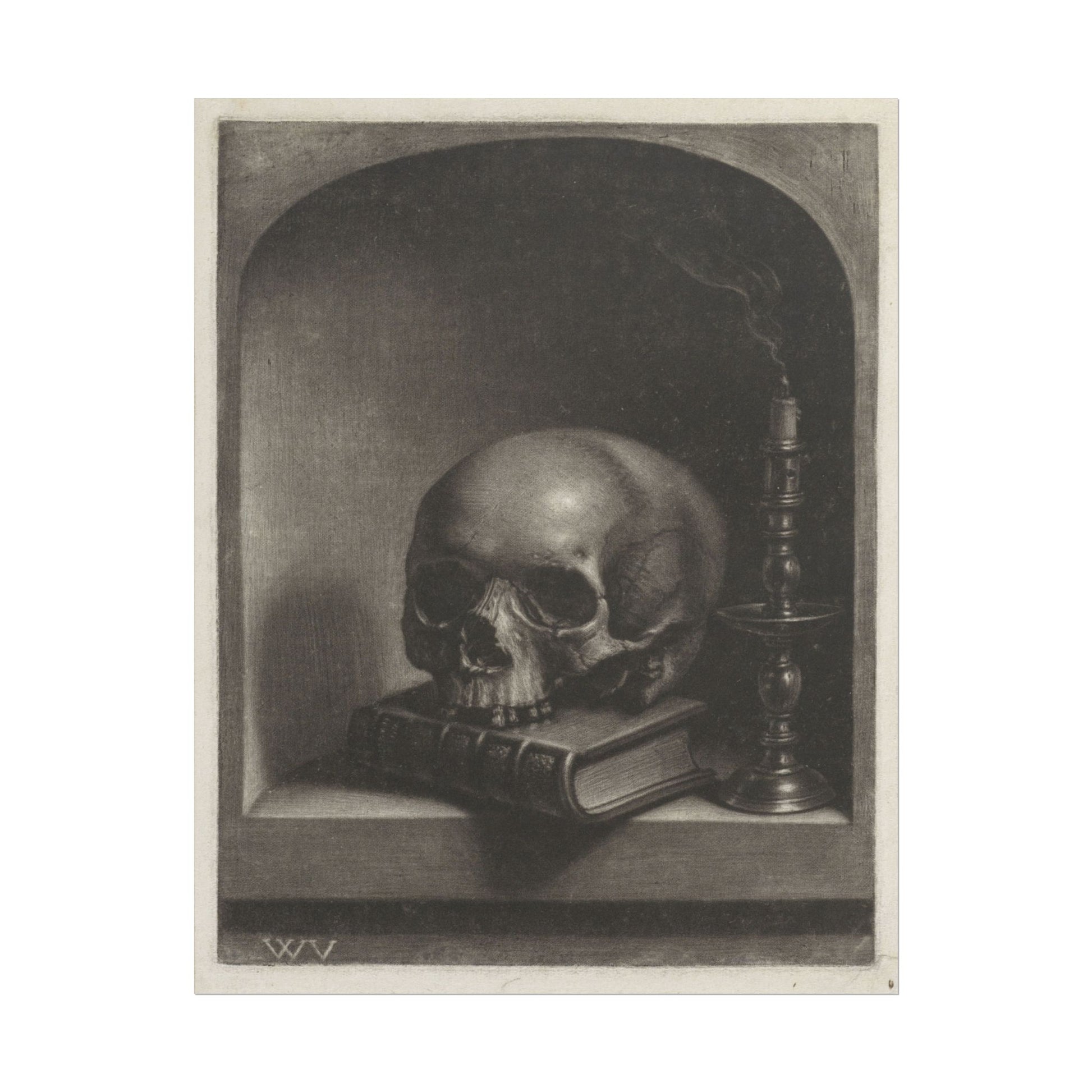 A still life featuring a skull, candle, and book on a shelf.