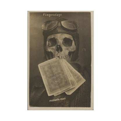 Skull with goggles holding paper, representing memento mori.