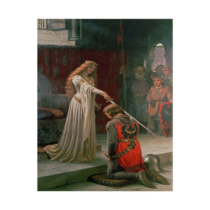 A knight kneels before a lady in elegant medieval attire.