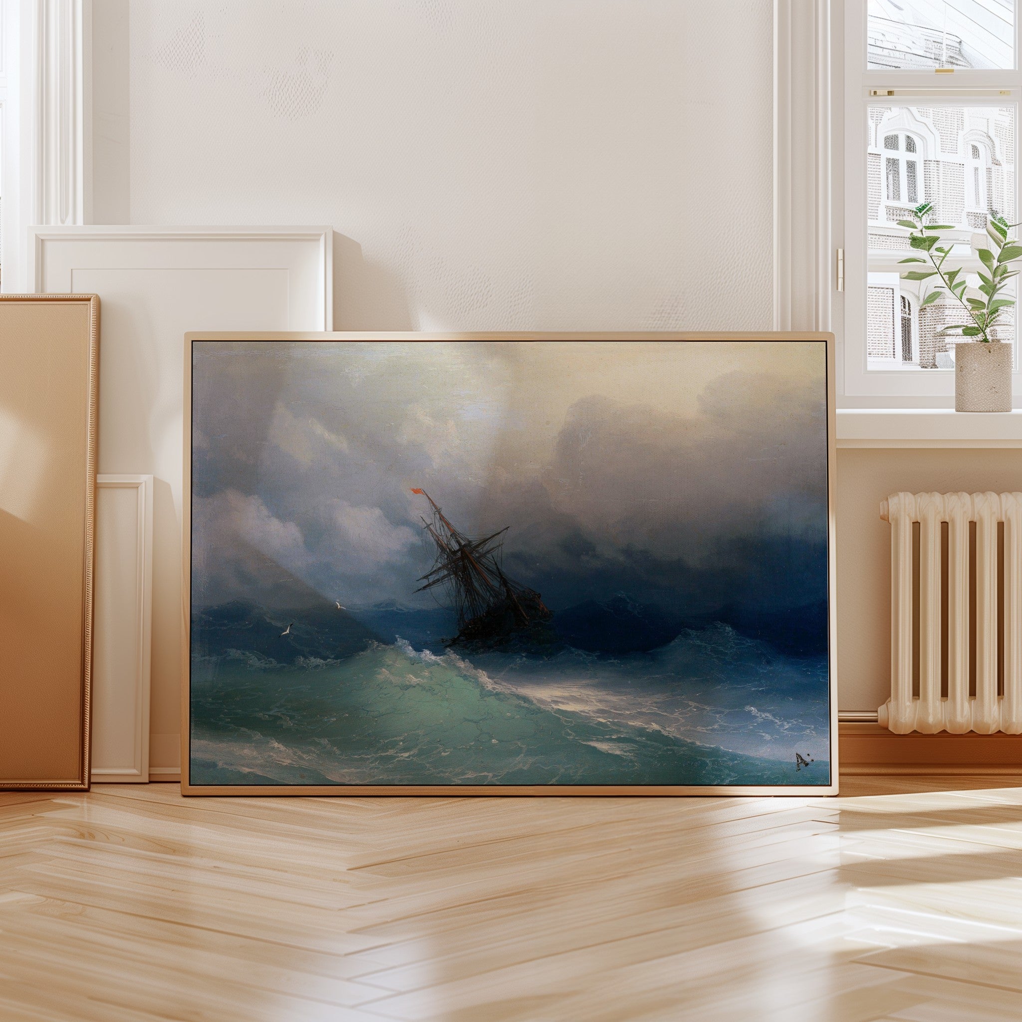 Ship on a Stormy Sea by Ivan Aivazovsky framed on a wall
