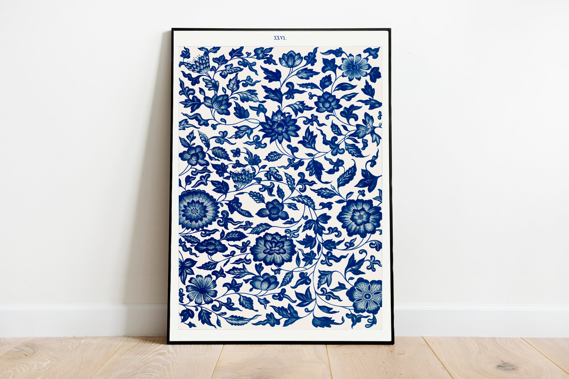 Blue Flower pattern poster by Owen Jones - Black frame wall art